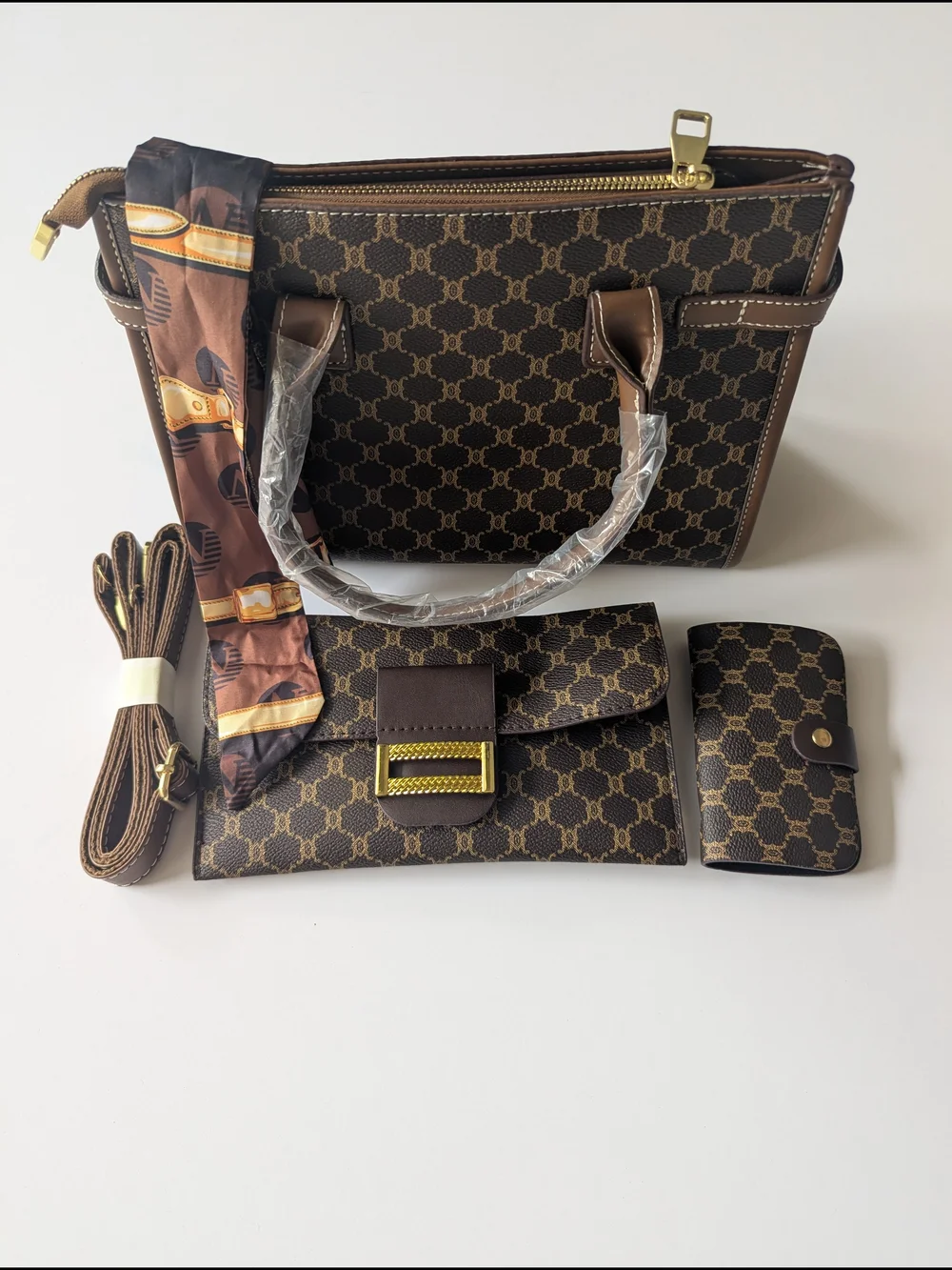 Monogram Pattern Top Handle Tote & Crossbody Bag Set with Scarf